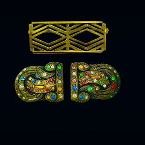 Vtg Dress Clip Set Art Deco Duette MultiColor Stones Marked Pat Applied For READ
